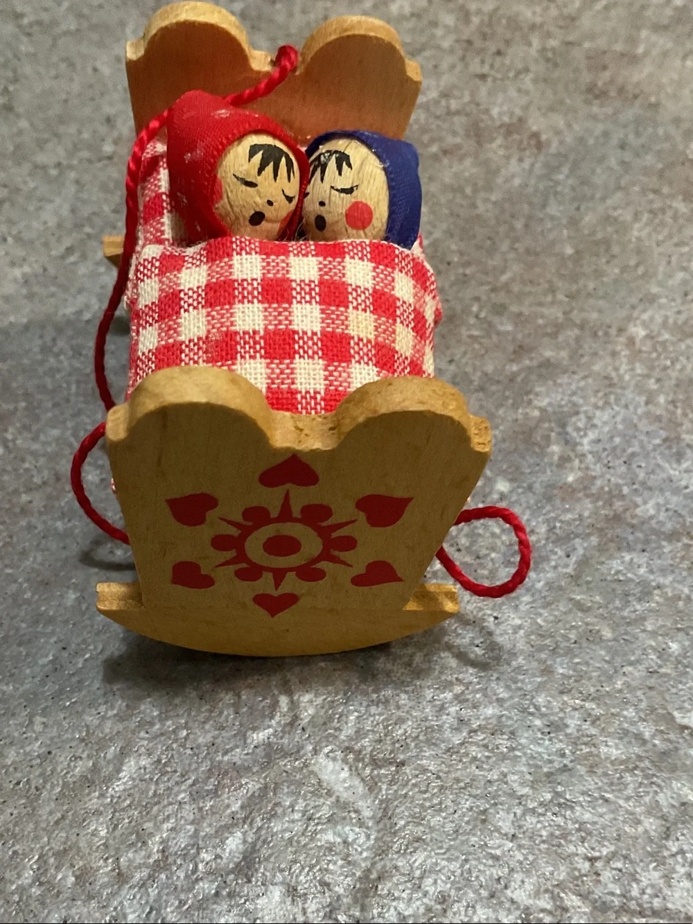 Wooden Holiday Cradle Ornament with Red Gingham Bedding made in Germany